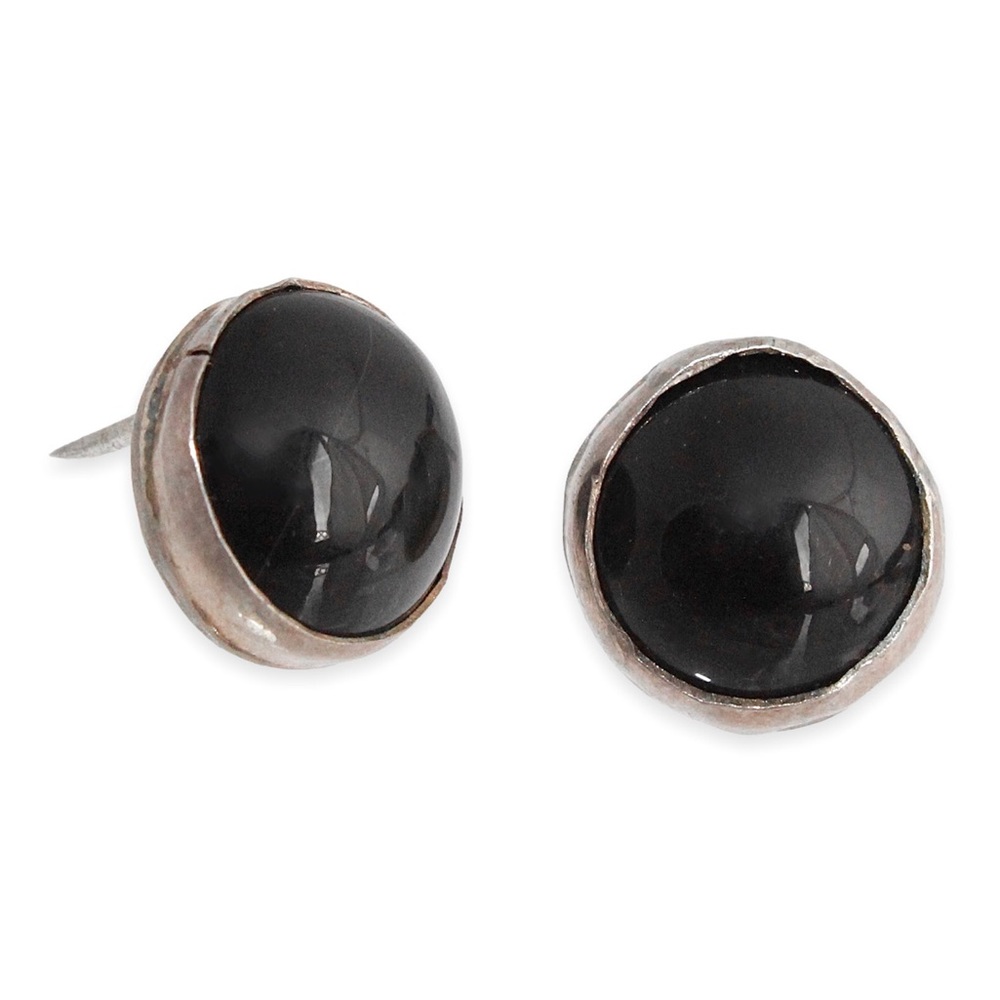 Vintage Black Onyx Sterling Silver Stud Earrings Large Round Cabochon Studs